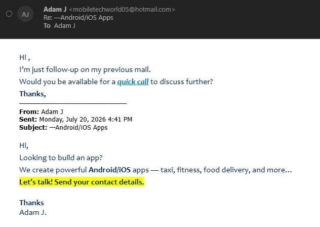 Spam SEO email claiming serious problems found on brand new website