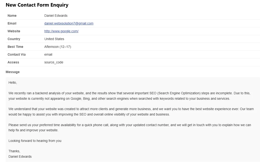 Another SEO spam email with generic template language