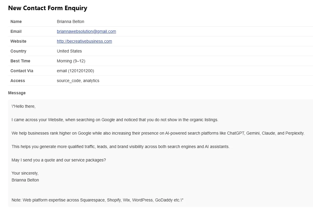 SEO spam email with fake audit claims