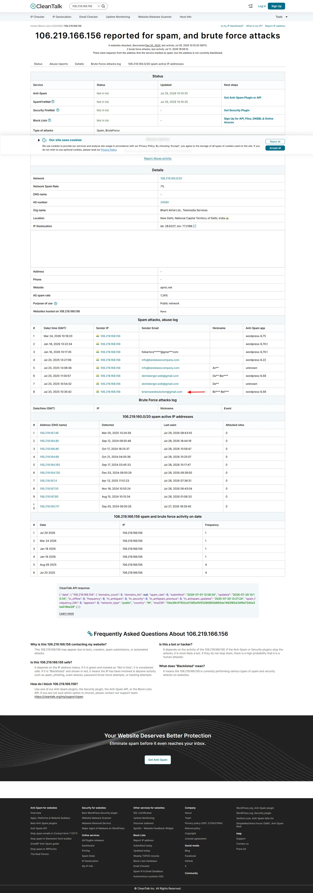 Evidence linking spam email IP to brute force attack on the website